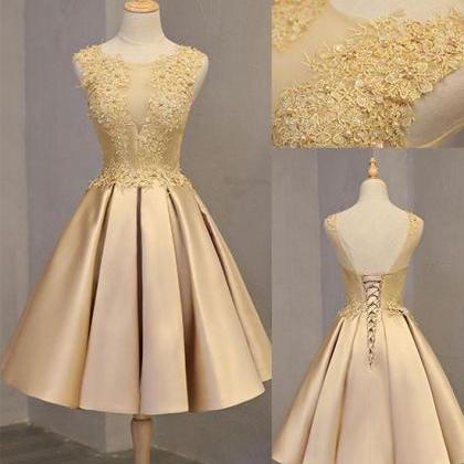 Cute Gold Lace Short Prom Dress, Cute Gold..