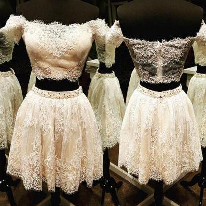 Cute White Lace Short Prom Dress, Cute Homecoming..