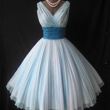 Cute Retro V Neck Blue Short Prom Dress,..