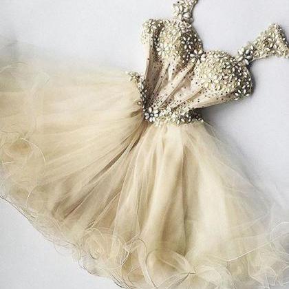 Champagne Sweetheart Tulle Short Prom Dress, Cute..