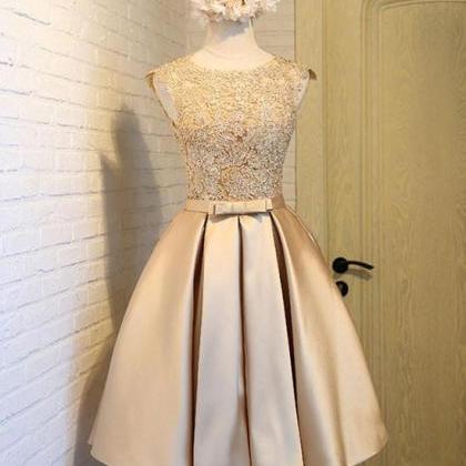 Champagne Lace Short Prom Dress, Cute Homecoming..