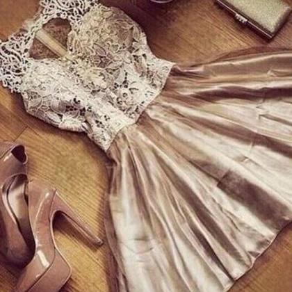 Champagne Round Neck Lace Tulle Short Prom Dress,..