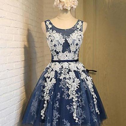 Cute Round Neck Lace Tulle Dark Blue Short Prom..