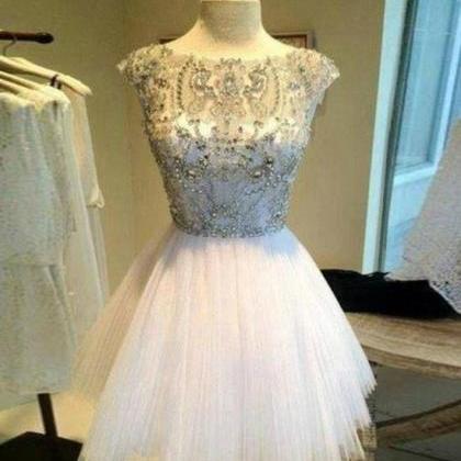 White Sequin Rhinestone Short Prom Dresses, Cute..