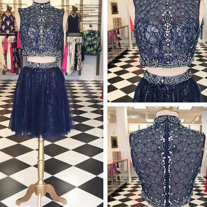 Dark Blue High Neck Two Pieces Lace Short Prom..
