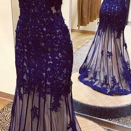 Mermaid Navy Blue Lace Appliques Tulle Long Prom..