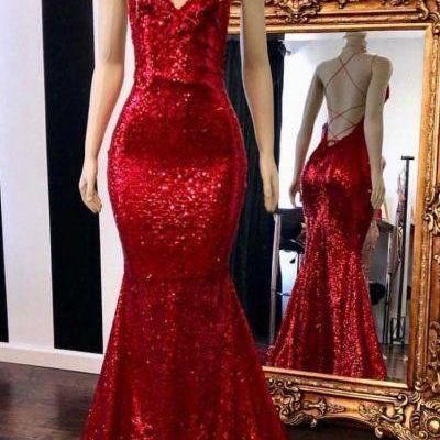 Bodycon Red Backless Sequins Mermaid Prom..