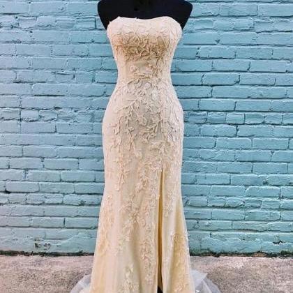 Classy Gold Lace Appliques Long Strapless Prom..