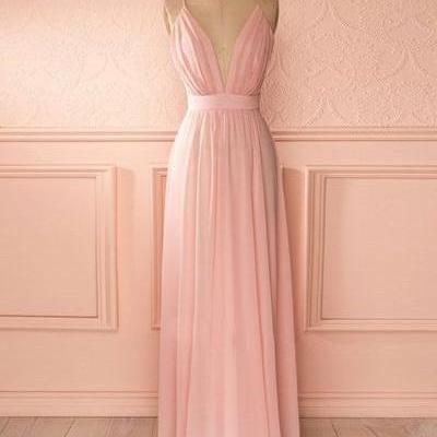 Pink Chiffon Bridesmaid Dresses Long Plunge V Neck..