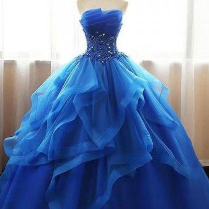 Mexican Organza Strapless Royal Blue Ball Gown..