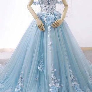 Blue Ball Gown Delicate Florals Prom Gown Long..