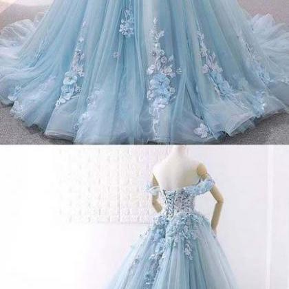 Blue Ball Gown Delicate Florals Prom Gown Long..