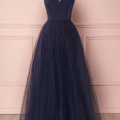Dark Navy Tulle Simple Senior Prom Dress,long..