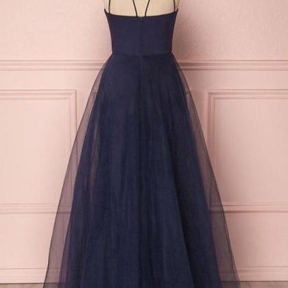 Dark Navy Tulle Simple Senior Prom Dress,long..