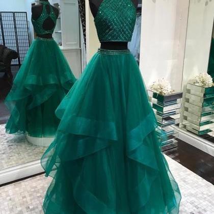 Illusion Two Piece Long Hunter Green Prom Dress..