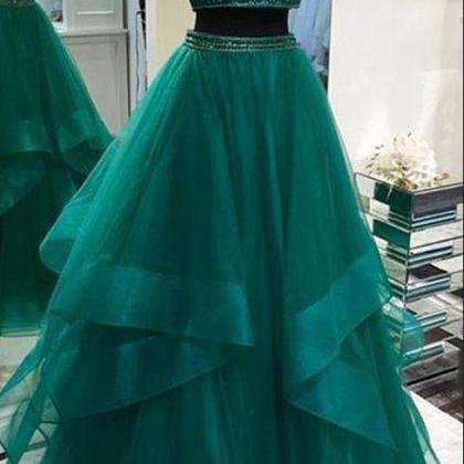 Illusion Two Piece Long Hunter Green Prom Dress..