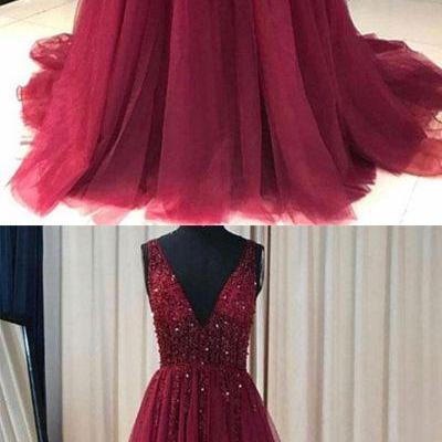 Red Prom Dress Tulle Lace Appliques V Neck Prom..