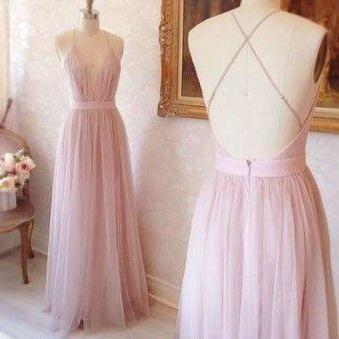 Plunge V Neck Long Pink Prom Dress Tulle Prom..