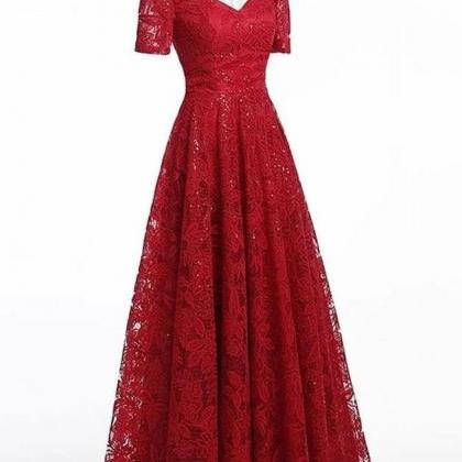 Chic Short Sleeves Burgundy Lace Straps Long Prom..