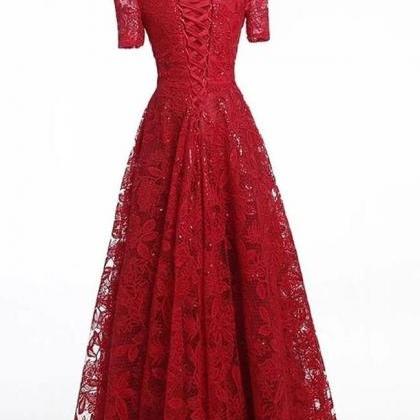 Chic Short Sleeves Burgundy Lace Straps Long Prom..
