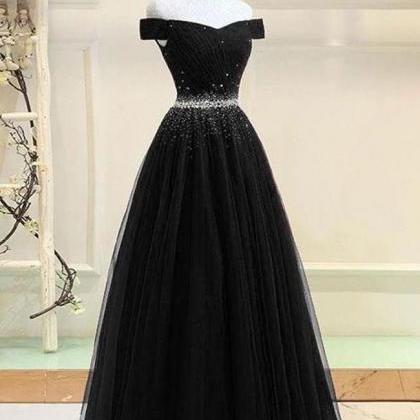 Charming A Line Off The Shoulder Beaded Black Prom..