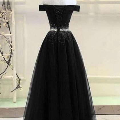 Charming A Line Off The Shoulder Beaded Black Prom..