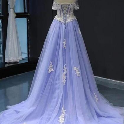Fashion Light Lavender Tulle White Lace Prom..