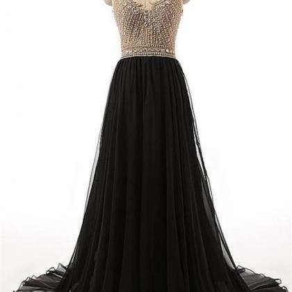 Fashion Open Back Crystal Beaded Black Long Prom..