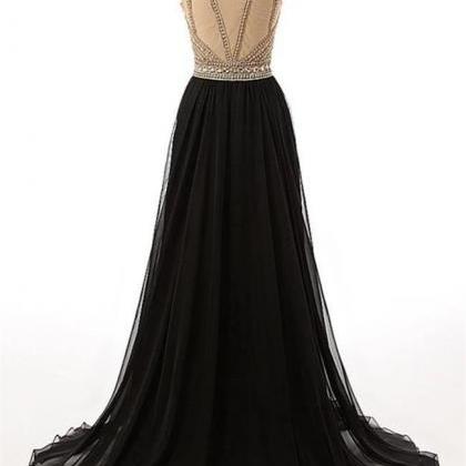 Fashion Open Back Crystal Beaded Black Long Prom..