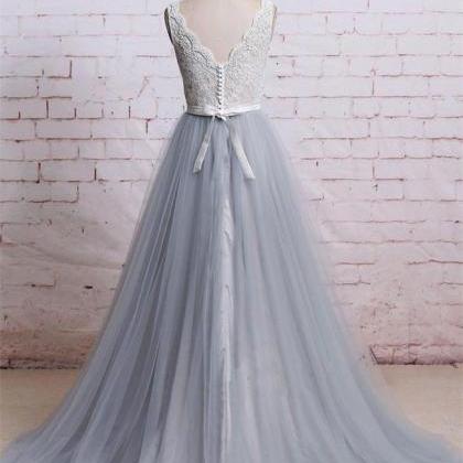 A Line V Neck White Lace Grey Blue Tulle Prom..
