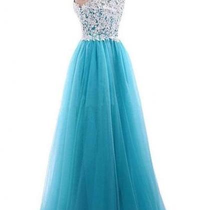 A Line Halter White Lace Mint Tulle Long Prom..
