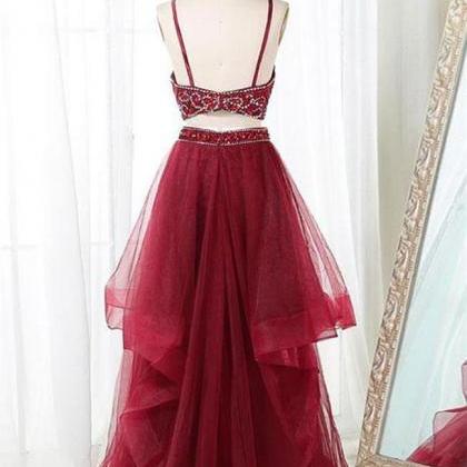 Two Piece Open Back Burgundy Beaded Tiered Skirt..