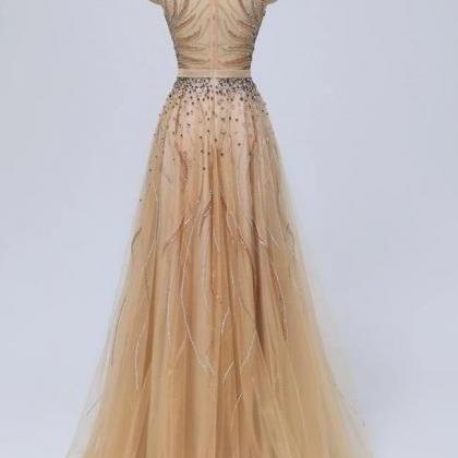 2020 A Line Tulle Beaded See Through Long Prom..