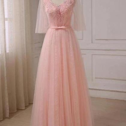 2020 Light Pink Applique Half Sleeves Long Prom..