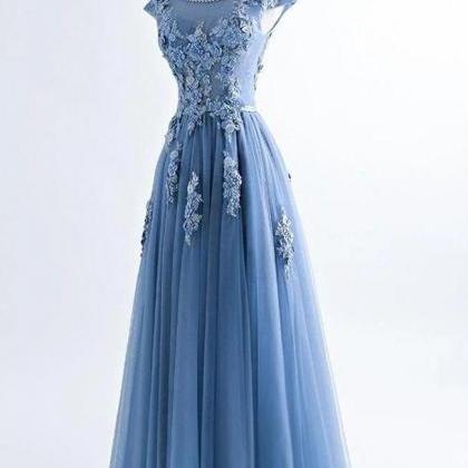 Fashion Blue Lace Appliques Cap Sleeves Long Prom..