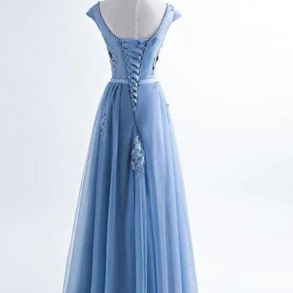 Fashion Blue Lace Appliques Cap Sleeves Long Prom..