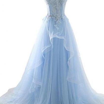 Real Picture Light Blue Lace Appliques High Low..