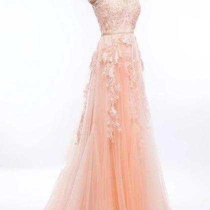 Fashion Light Pink Lace Appliques Tulle Long Prom..