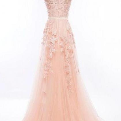Fashion Light Pink Lace Appliques Tulle Long Prom..