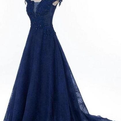 A Line Cap Sleeves Dark Blue Beaded Lace Long Prom..