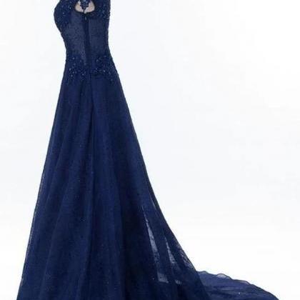 A Line Cap Sleeves Dark Blue Beaded Lace Long Prom..