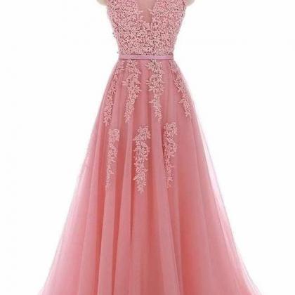 Charming Open Back Pink Lace Appliques Long Prom..