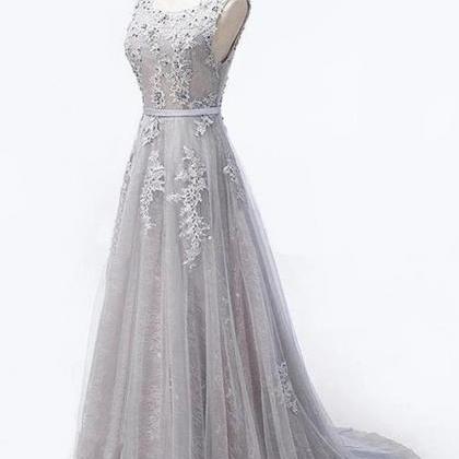 Real Picture Open Back Grey Lace Tulle Long Prom..