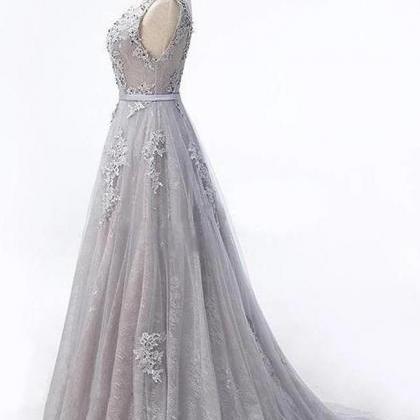 Real Picture Open Back Grey Lace Tulle Long Prom..