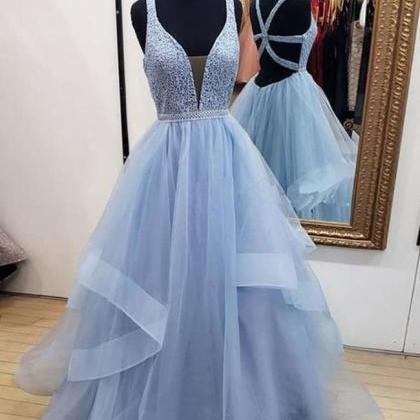 High Low Tiered Deep V Neck Blue Backless Prom..