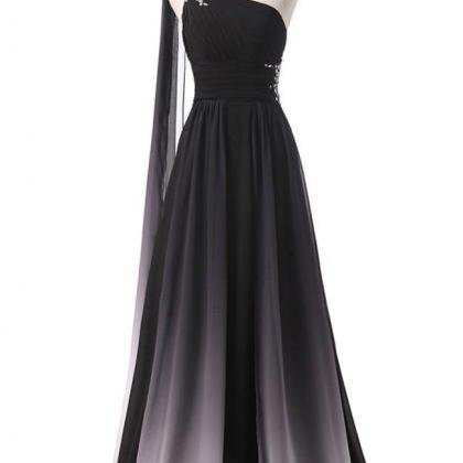 Black Ombre Chiffon One Shoulder Long Prom Dresses..