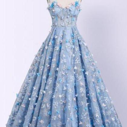 Charming 3d Floral Light Blue Ball Gown See..
