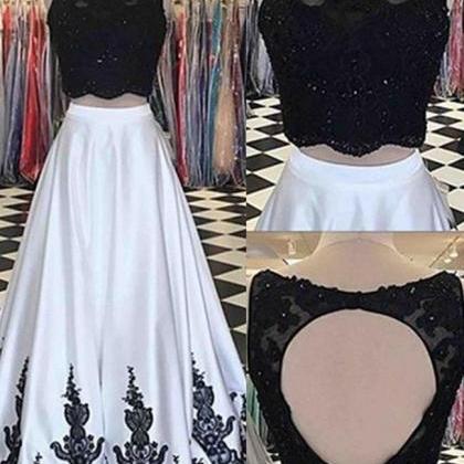 Two Piece Open Back Black Lace White Satin Prom..