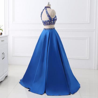 Two Piece High Neck Royal Blue Backless Crystal..