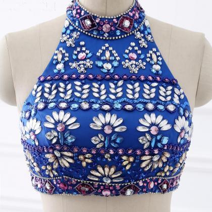 Two Piece High Neck Royal Blue Backless Crystal..
